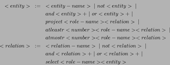 \begin{eqnarray*}
<entity> & := & <entity-name> \vert not <entity> \vert 
...
...vert or <relation>+ \vert \\
&& select <role-name> <entity>
\end{eqnarray*}